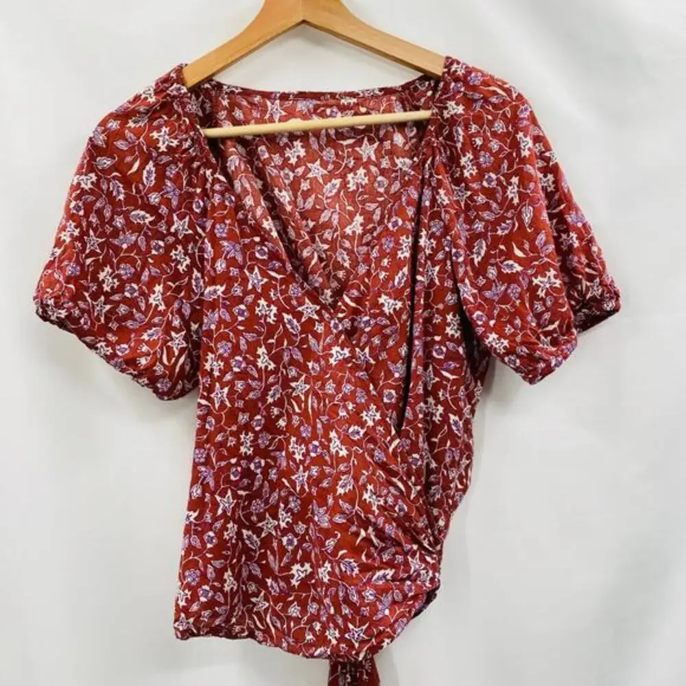 Madewell‎ Puff-Sleeve Wrap Crop Top in Batik Vine weathered brick